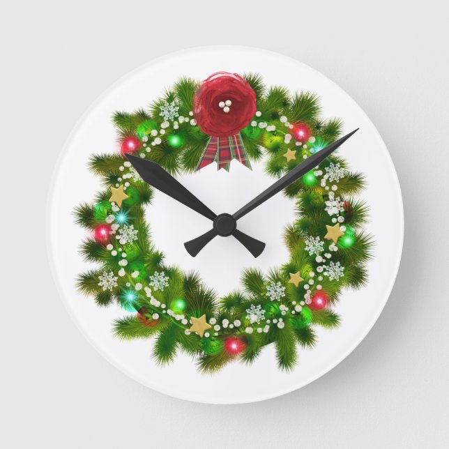 Decorated Christmas Festive Wreath Round Clock (Front)