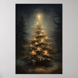 Decorated Christmas Tree In Forest At Night Poster