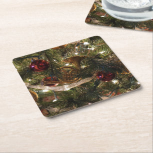 Decorated Christmas Tree Square Paper Coaster