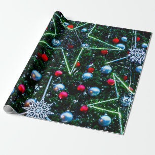 Decorated Christmas Tree, Stars, Balls Wrapping Paper