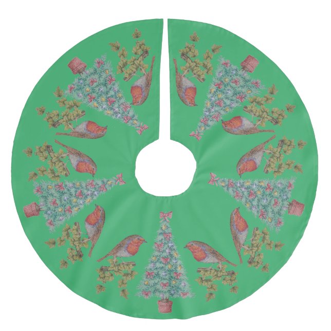 decorated christmas trees with ivy and robins brushed polyester tree skirt (Front)