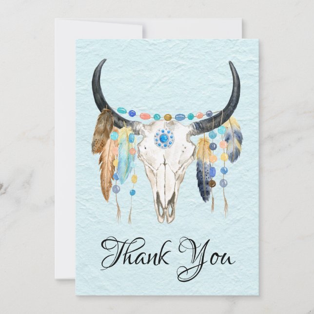 Decorated Cow Skull Thank You Flat Card (Front)