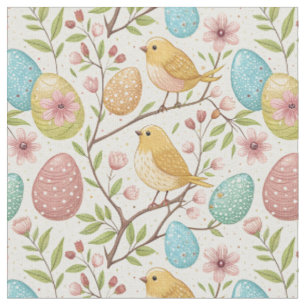Decorated Easter Eggs & Cute Yellow Birds Pattern Fabric