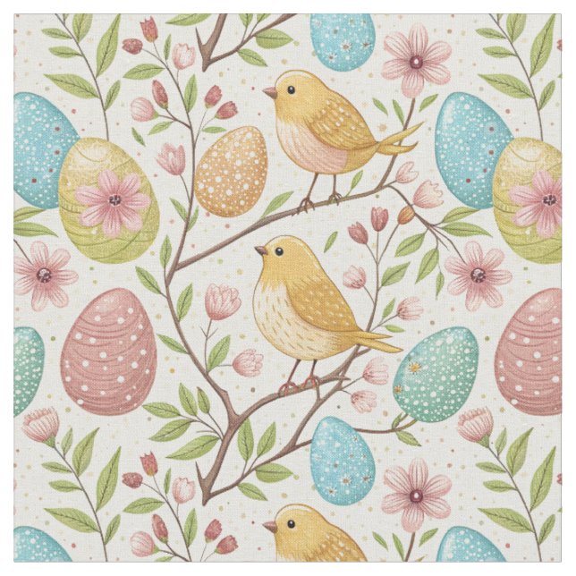 Decorated Easter Eggs & Cute Yellow Birds Pattern Fabric (Close Up)