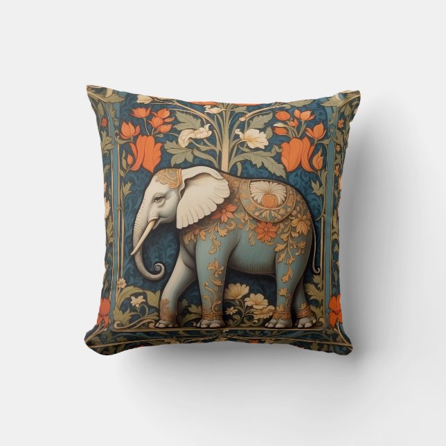 Decorated Elephant William Morris Inspired Floral Cushion (Front)