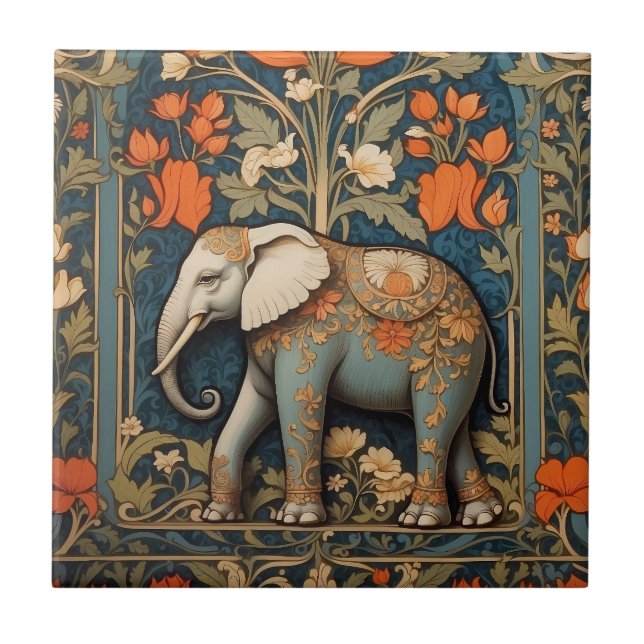 Decorated Elephant William Morris Inspired Floral Tile (Front)