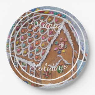 Decorated Gingerbread House Happy Holiday Party Paper Plate