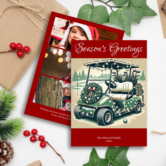 Decorated Golf Cart • Bright Red Photo Holiday Card (Creator Uploaded)