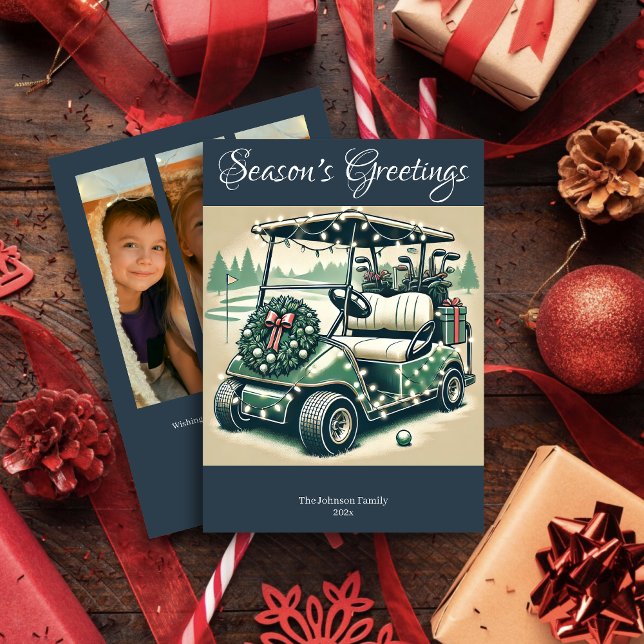 Decorated Golf Cart • Navy Blue Photo Holiday Card (Creator Uploaded)