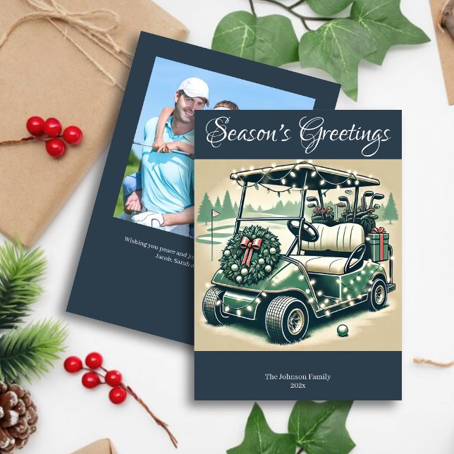 Decorated Golf Cart • Navy Blue Photo Holiday Card (Creator Uploaded)