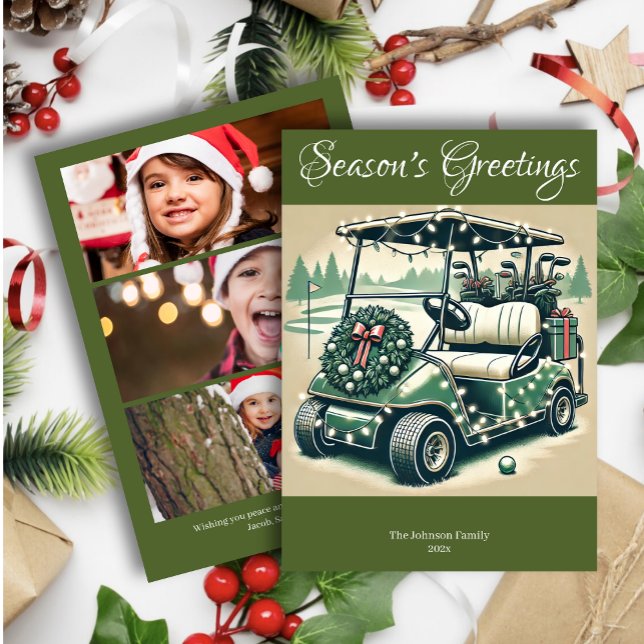 Decorated Golf Cart • Olive Green Photo Holiday Card (Creator Uploaded)
