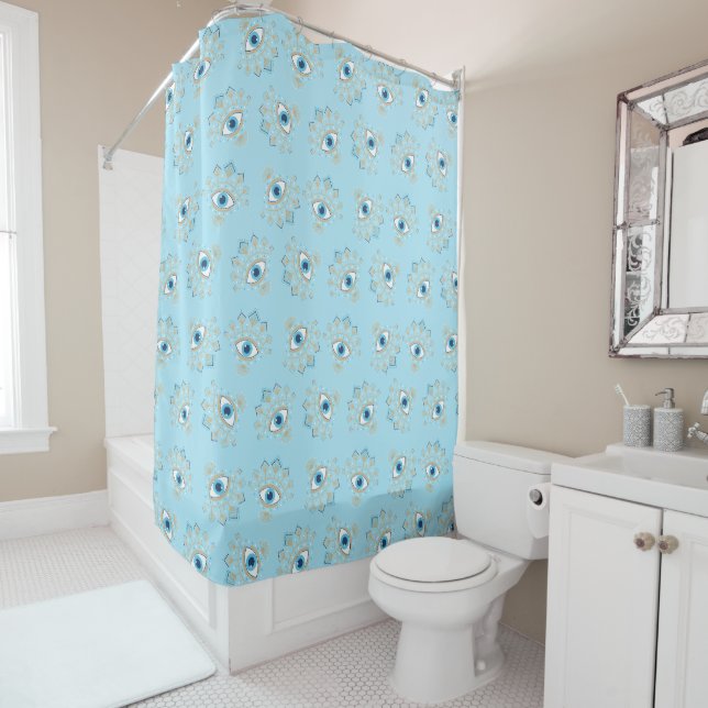 Decorated Greek Evil Eye Turkish Protection Symbol Shower Curtain (In Situ)