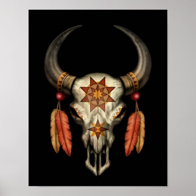 Decorated Native Bull Skull with Feathers on Black Poster (Front)