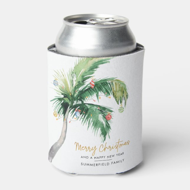 Decorated Palm Tree Family Christmas Holiday Can Cooler (Can Front)