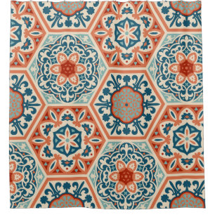 Decorated patterned hexagon cement ceramic tiles,  shower curtain