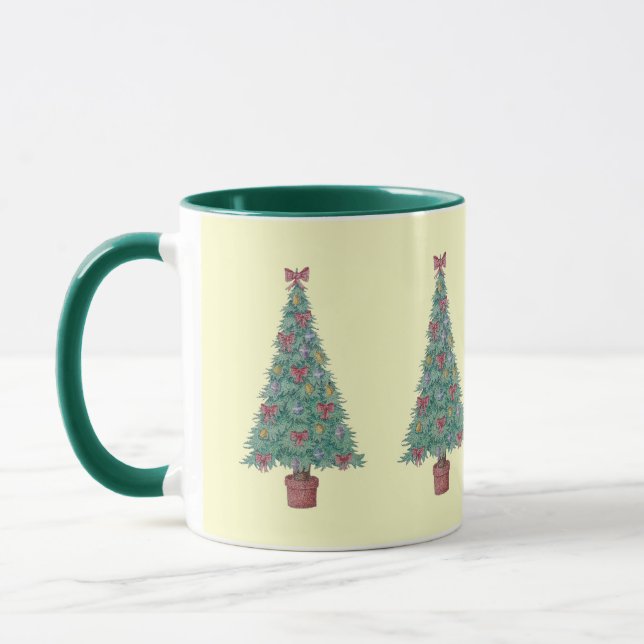 decorated tree with red bows bells for christmas mug (Left)