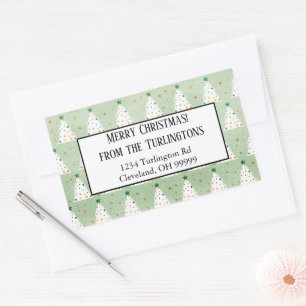 Decorated White Xmas Trees Green Star Address Rectangular Sticker