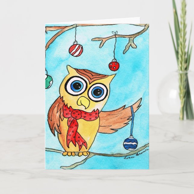 Decorating Christmas Owl Holiday Card (Front)