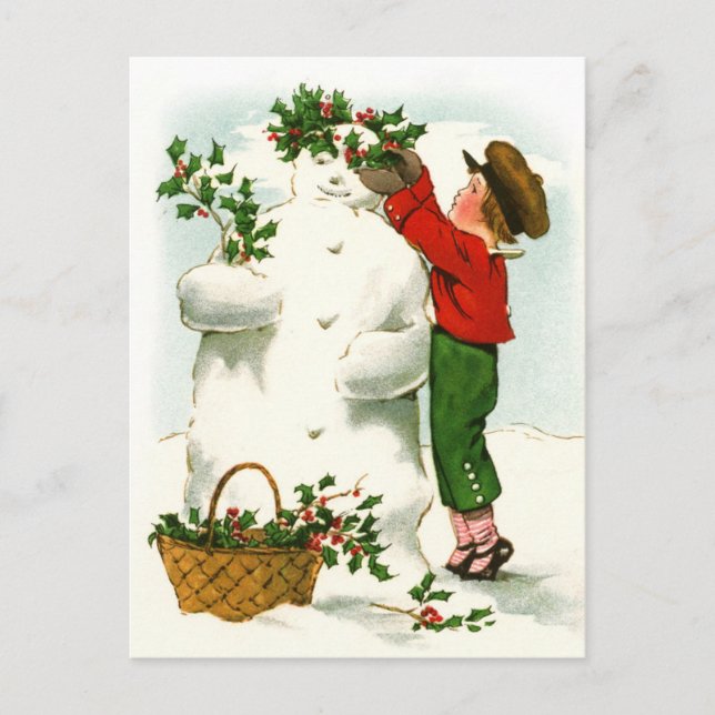 Decorating the Snowman Holiday Postcard (Front)