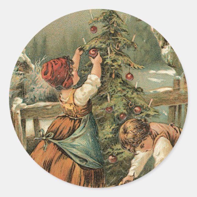 Decorating the Tree Classic Round Sticker (Front)