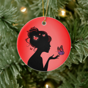 Décoration En Céramique La femme papillons rouges Ceramic Tree Decoration