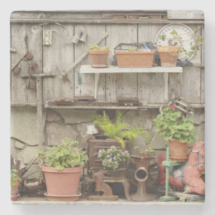 Decorations on wooden fence, Catalina Island, Stone Coaster