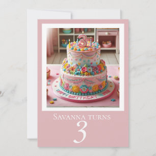 DECORATIVE 3 Yr Old BIRTHDAY CAKE PARTY INVITATION