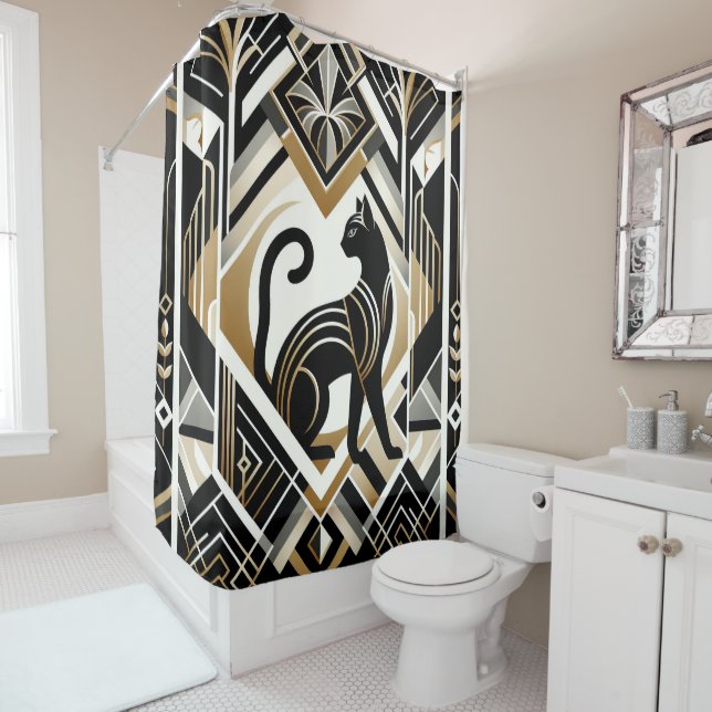 Decorative Abstract Black Cat Shower Curtain (In Situ)