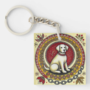Decorative Artwork Featuring a Dog in a Mandala Key Ring