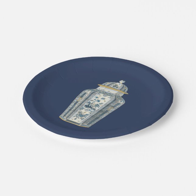 Decorative Asian Urn in Blue & White Paper Plate (Angled)