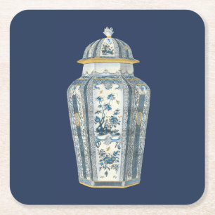 Decorative Asian Urn in Blue & White Square Paper Coaster