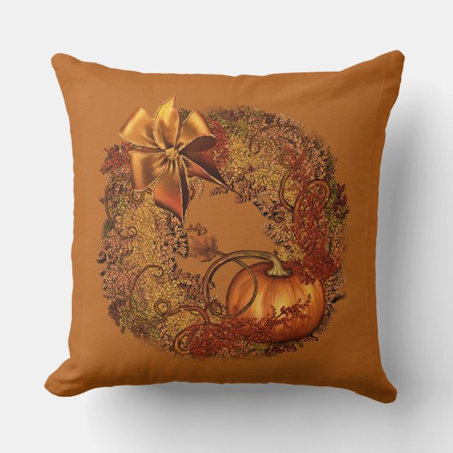 Decorative Autumn Pumpkin Wreath  Orange Pillow (Front)