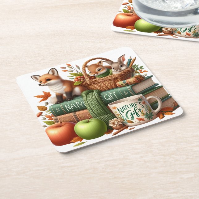 Decorative Autumn Theme Square Paper Coaster (Angled)