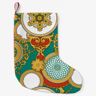 Decorative background with golden elegant arabesqu small christmas stocking