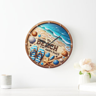 Decorative Beach-Themed Seashells and Sand Design Large Clock