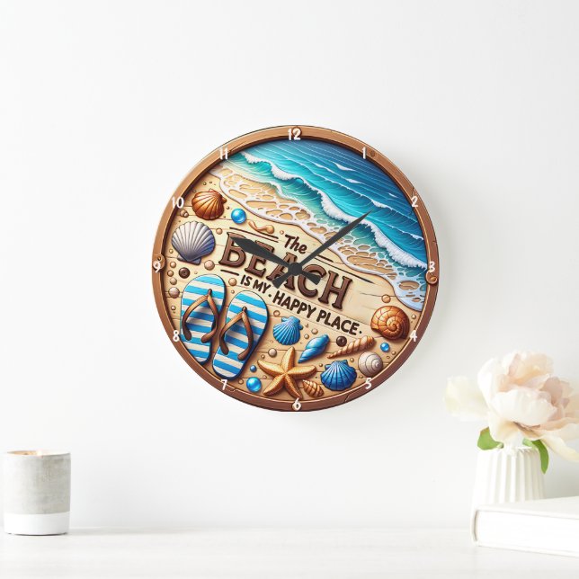 Decorative Beach-Themed Seashells and Sand Design Large Clock (Home)