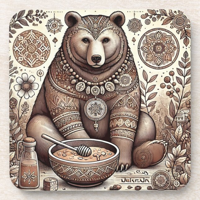 Decorative Bear Illustration Coaster (Front)
