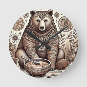 Decorative Bear Illustration Round Clock