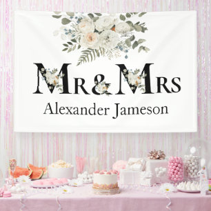 Decorative Beautiful White Floral Mr & Mrs Wedding Banner