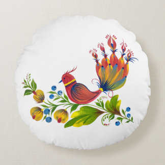 Decorative Bird with Flowers & Berries Round Cushion