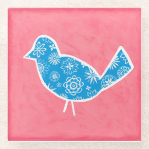 Decorative Bird with Patterns on Pink Background Glass Coaster