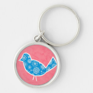 Decorative Bird with Patterns on Pink Background Key Ring