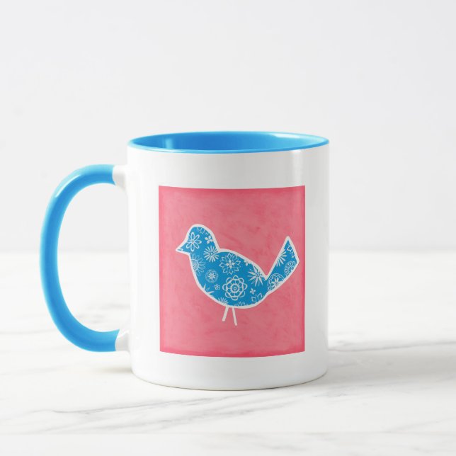 Decorative Bird with Patterns on Pink Background Mug (Left)