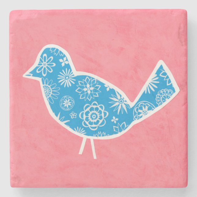 Decorative Bird with Patterns on Pink Background Stone Coaster (Front)
