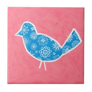 Decorative Bird with Patterns on Pink Background Tile