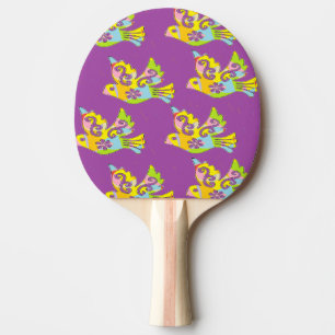 decorative birds on purple ping pong paddle