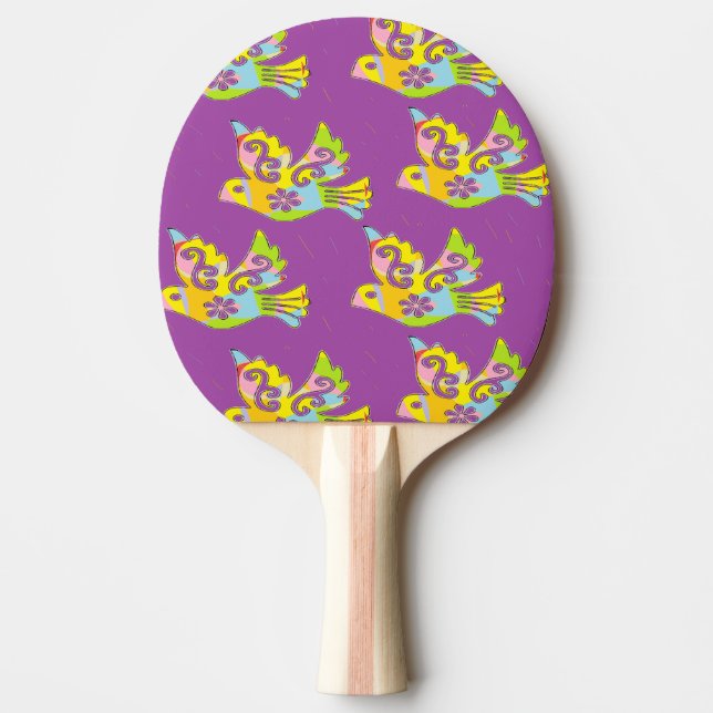 decorative birds on purple ping pong paddle (Front)