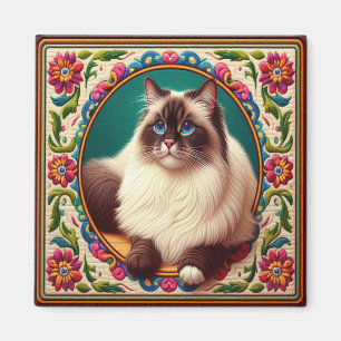Decorative Birman Cat Colourful Flowers Border Magnet