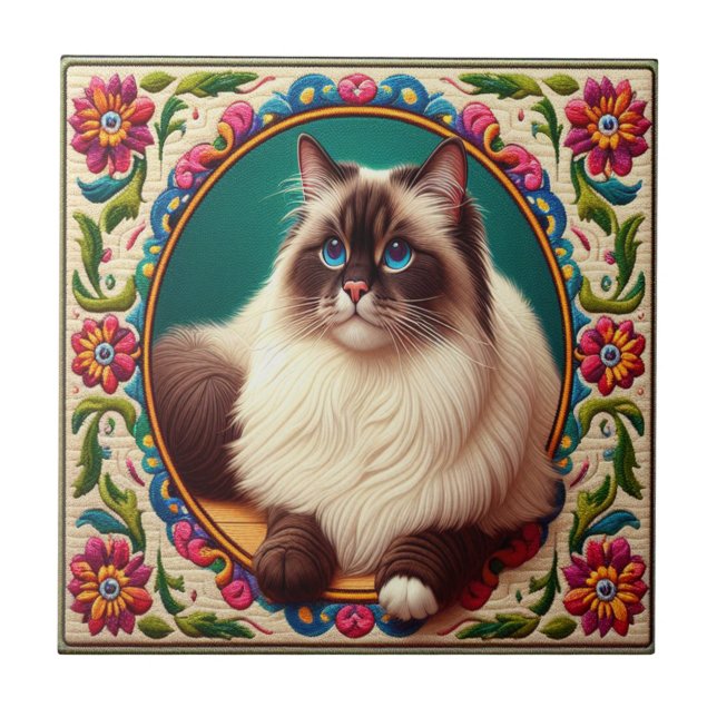 Decorative Birman Cat Colourful Flowers Border Tile (Front)
