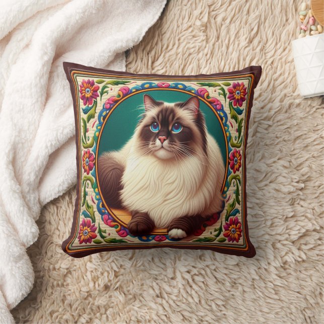 Decorative Birman Cat with Flowers Border Cushion (Blanket)